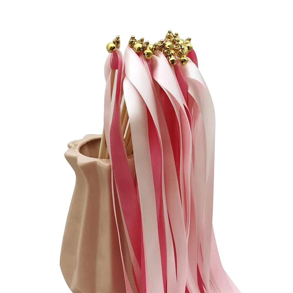 Gumney 30pcs Wedding Silk Streamers Stick, Fairy Ribbon Party Decorative Streamers Stick with Gold Bells for Holiday Celebration Activities Photo Props, Rose Red White