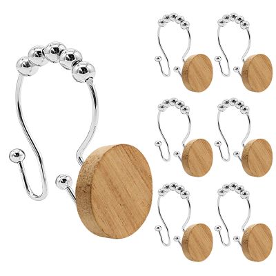 Double Shower Curtain Hooks, Wood Decorative Shower Curtain Rings, 12 PCS Log Curtain Rings, Rustproof & Waterproof Metal Shower Curtain Hangers for Shower Curtain Rod, Bathroom, Bedroom (Silvery)