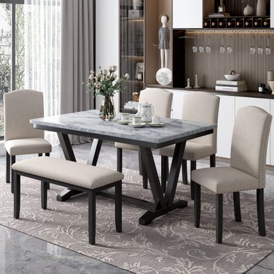 Merax 6 Pieces Dining Table Set with Bench, Rectangle Dining Table with 4 Upholstered Chairs & a Bench, Wood Kitchen Table Chairs Set for 6 Persons, Modern Style Dining Room Set (White +Black)