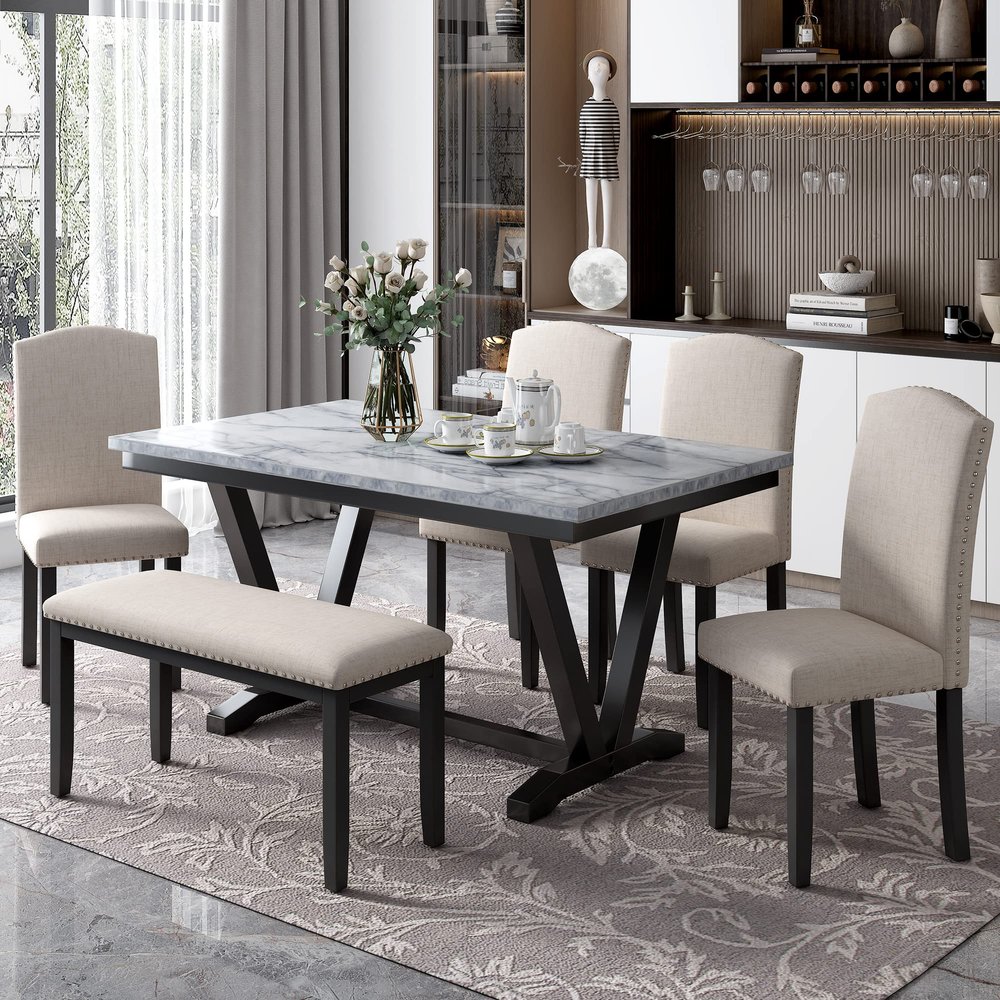 Merax 6 Pieces Dining Table Set with Bench, Rectangle Dining Table with 4 Upholstered Chairs & a Bench, Wood Kitchen Table Chairs Set for 6 Persons, Modern Style Dining Room Set (White +Black)