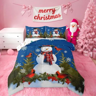 Feelyou Blue Christmas Snowman Comforter Set for Kids Boys Girls Merry Christmas Comforter Full Size Xmas Tree Bedding Set Bedroom Decor Snowflake Duvet Set Quilt Set 3Pcs