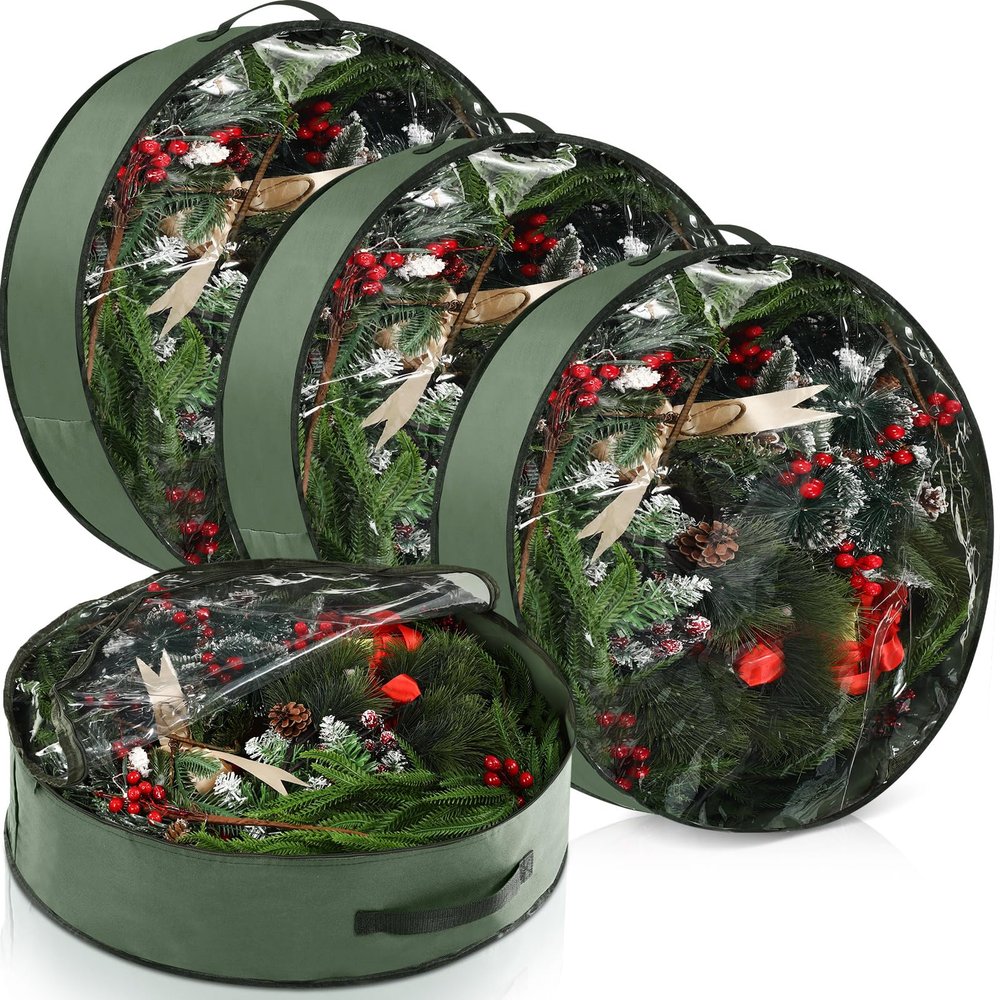 Vincreem 4 Pack Wreath Storage Container, 30 Inch Christmas Wreath Storage Box with Clear Window and Handles Upgrade Oxford Cloth Garland Bags with Dual Zipper for Xmas Wrapping, Green