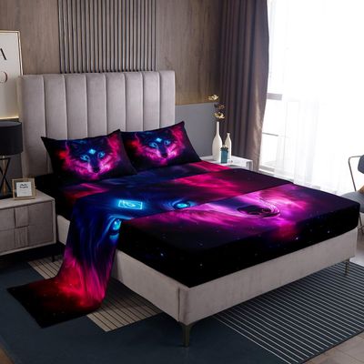 Feelyou Wolf Sheet Set King Size Kids Wild Animal Sheets with Deep Pocket Fitted Sheet for Boys Girls Teens Wildlife Bed Sheets Set Amaranth Bedding Set Room Decor Bed Set