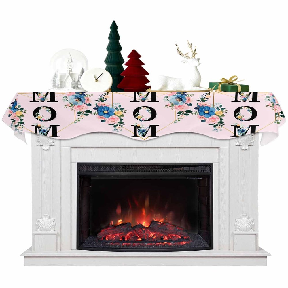 Hokiten Christmas Mantel Scarf 90 x 17 Inch, Love Mom Mantel Decorations for Fireplace Scarf, Blue Pink Spring Floral Botanical Mantel Scarves Fireplace Cover Runner for Christmas