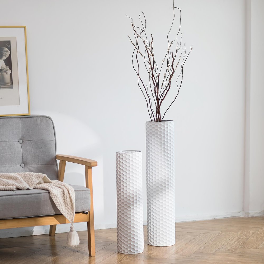 Sziqiqi White Tall Vases for Floor: 27.6/21.7in Metal Cylinder Handmade Flower Holder Extra Large Decorative Vase Set of 2 Modern Honeycomb Texture Big Standing Vase for Living Room Home Corner