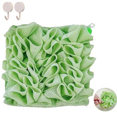 XVFCH Washcloth Loofah Combo,Loofah Washcloth,2 in 1 Loofah,The Loofah Soft Bath Sponge,Leeffa 2 in 1 Bath Ball Towel Loofah Sponge with Drawstring,Loufee Shower Set for Men Women (Green)