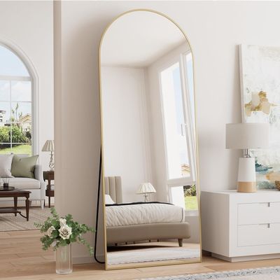 Prywot Arched Full Length Mirror, 64"x21" Free Standing Floor Mirror, Modern Full Body Mirrors with Stand, Wall Mirrors with Aluminum Alloy Frame for Bedroom,Living Room, Gold