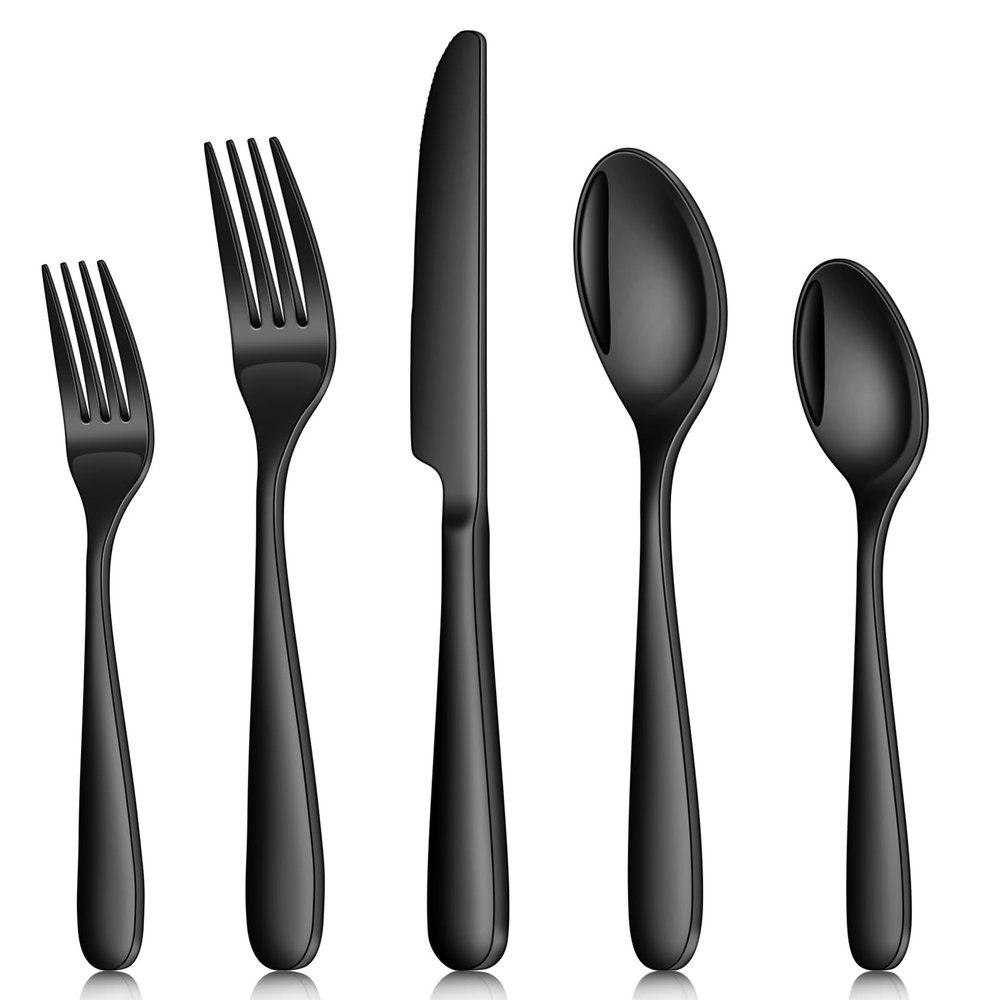 Black Silverware Set, Ollex 40PCS Black Flatware Set for 8 Include Knife Spoon Fork Set for Kitchen Tableware Eating Utensil Set, Stainless Steel Cutlery Set Mirror Polished, Dishwasher Safe