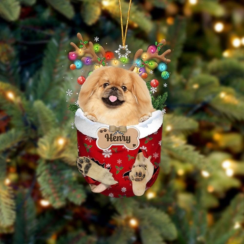 Personalized Pekingese Tan in Snow Pocket Christmas Ornament 2024, Custom Dog Ornament Tree Decor, Gift for Dog Lovers