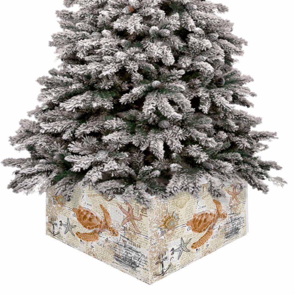 Ocean Turtle Christmas Tree Collar Tree Box Stand Cover,Vintage Nautical Sailing Boat Starfish Artificial/Pencil/Silm/Skinny Tree Ring 4 Packs Collapsible Tree Skirt for Christmas Xmas Tree,17"x10"