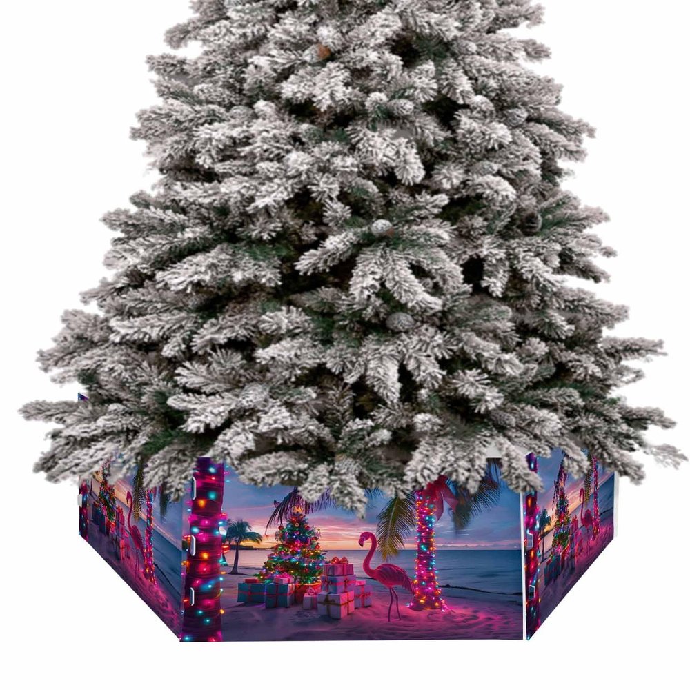 Christmas Flamingo Christmas Tree Collar Tree Box Stand Cover,Xmas Palm Tree Animals Purple Blue Artificial/Pencil/Silm/Skinny Tree Ring 6 Packs Collapsible Tree Skirt for Christmas Xmas Tree,17"x10"