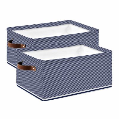 Storage Bins Large Storage Basket, Lines Stripes Navy Blue White Minimalist Style Collapsible Storage Bins with Handle Storage Baskets Cube Organizer for Shelves Closet Nursery, Set of 2