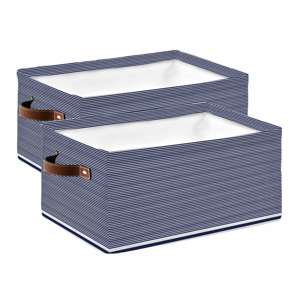 Storage Bins Large Storage Basket, Lines Stripes Navy Blue White Minimalist Style Collapsible Storage Bins with Handle Storage Baskets Cube Organizer for Shelves Closet Nursery, Set of 2