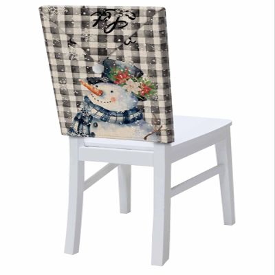 Chair Back Cover for Dining Room,Santa Hat Chair Slipcovers Set of 8,Retro Christmas Snowman Robin Washable Kitchen Chair Back Covers for Home Dinner Party Sketch Snowflake on Black and White Plaid