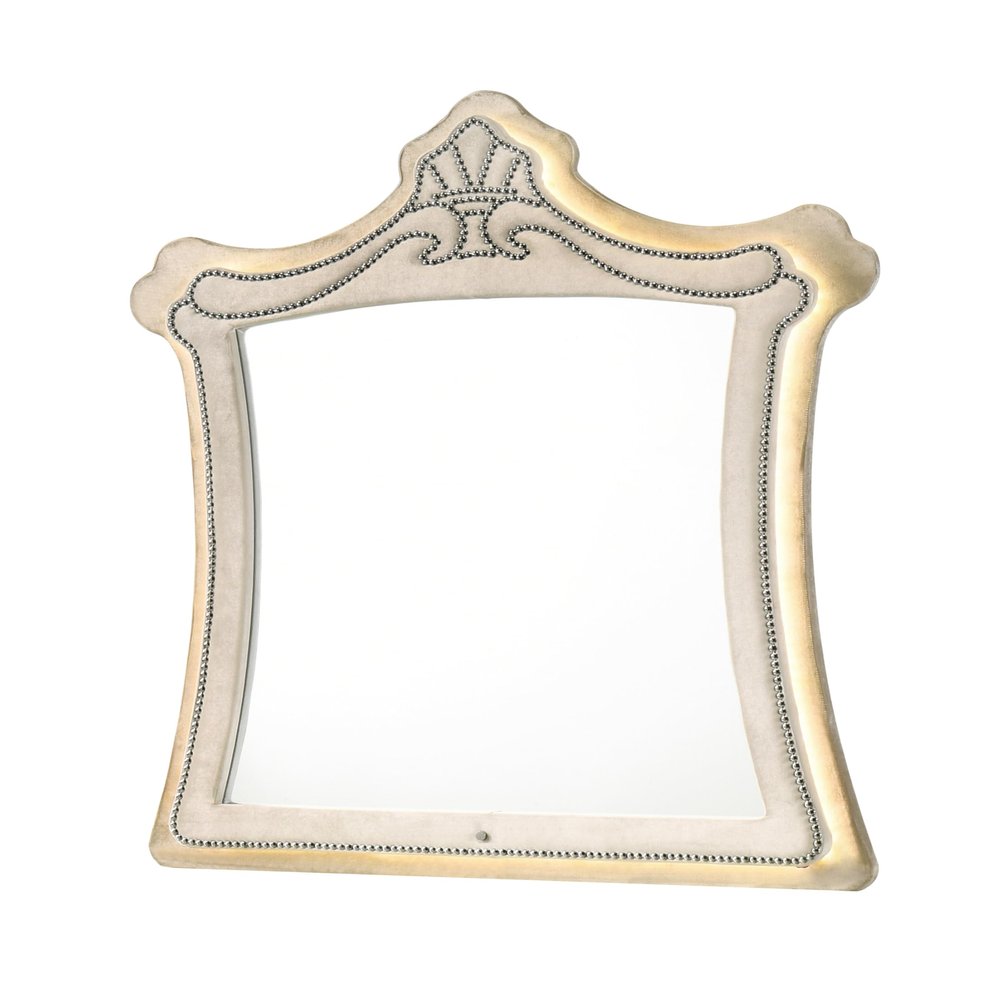 Acme Lucienne Velvet Upholstered and Wood Mirror with LED Lighting in Beige