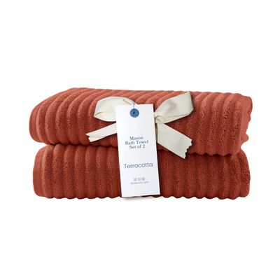 Blue Loom Ribbed Bath Towels Set, 100% Cotton 600 GSM, Soft Absorbent Durable Quick Drying 2 Bath Towels for Bathroom - Mason Set of 2 Terracotta Red (58" x 30" Inch)