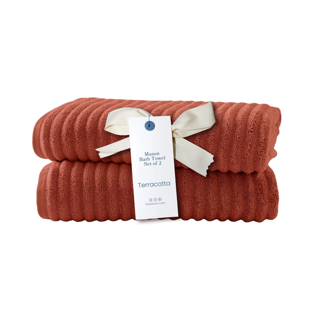 Blue Loom Ribbed Bath Towels Set, 100% Cotton 600 GSM, Soft Absorbent Durable Quick Drying 2 Bath Towels for Bathroom - Mason Set of 2 Terracotta Red (58" x 30" Inch)