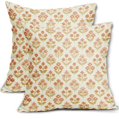 Orange Yellow Floral Block Print Pillow Covers 20x20 Inch Set of 2, Vintage Flower Pattern Decorative Throw Pillowcases Outdoor Farmhouse Cushion Covers Spring Summer Rustic Sofa Couch Bed Decor