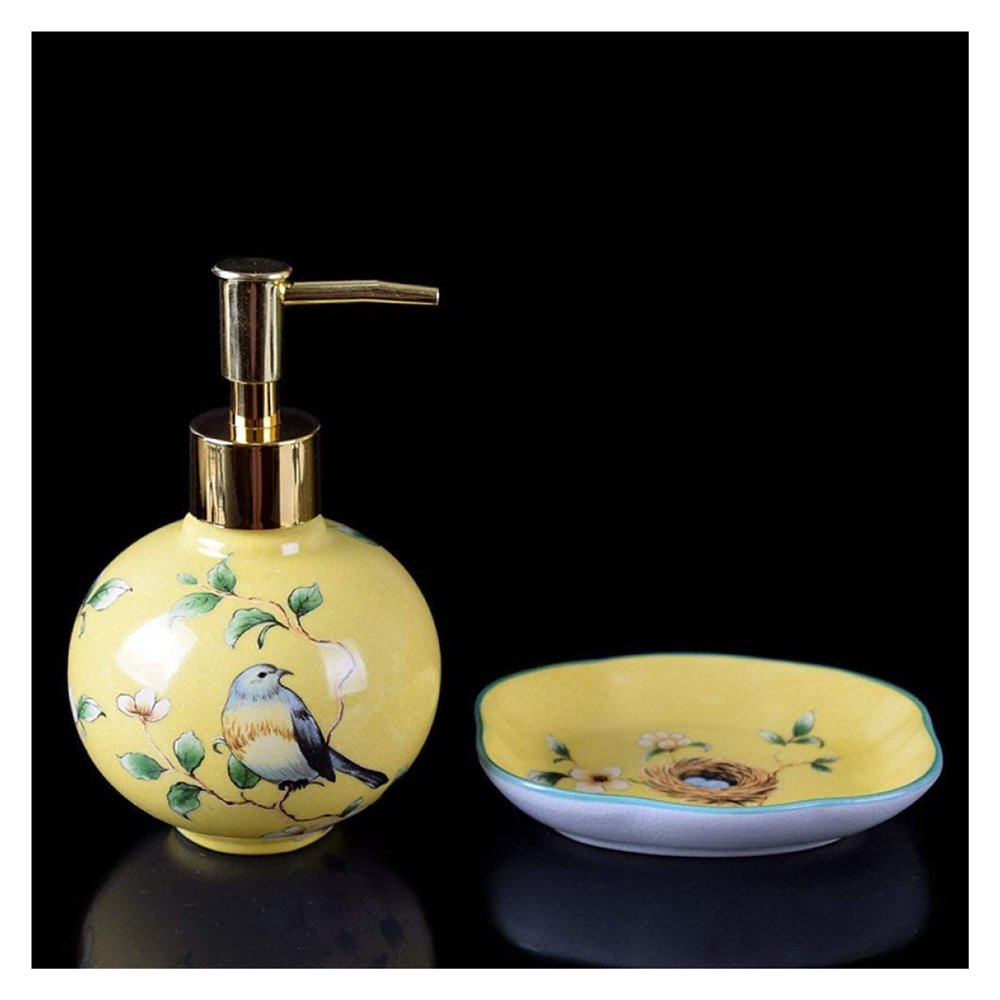 Countertop Soap Dispensers, Refillable Pump Bottle Ceramic Lotion Soap Dispenser with Pump Soap Dish for Bathroom Farmhouse Kitchen Office, Exquisite Bird Painting Refillable Empty Decorative