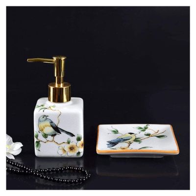Countertop Soap Dispensers, Refillable Pump Bottle Ceramic Lotion Soap Dispenser with Pump Soap Dish for Bathroom Farmhouse Kitchen Office, Vintage White Bird Painting Decorative