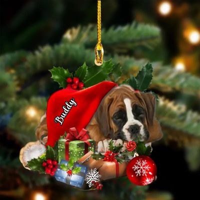 Personalized Boxer 2 Sleeping in Hat Christmas Ornament 2024, Custom Boxer 2 in Snow Pocket Ornament, Dog Ornament Tree Decor, Gift for Dog Lovers, Dog Christmas Decor