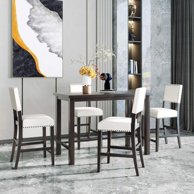 YOPTO 5 Pieces Dining Table Set,Wooden Living Room Furniture with 52" Rectangle Kitchen Desk,4 Upholstered Chairs W/Curved Backrests,for Restaurant,Home Bistro,Espresso and Beige