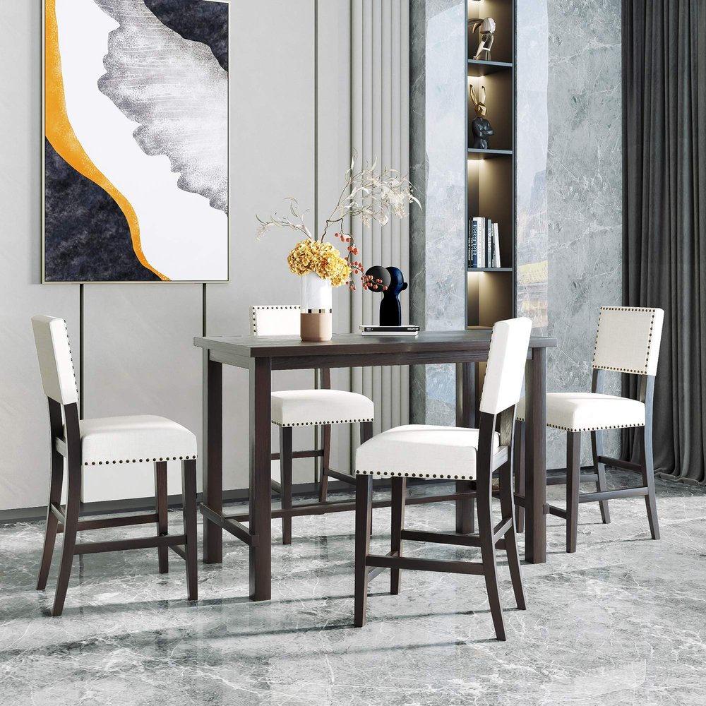 YOPTO 5 Pieces Dining Table Set,Wooden Living Room Furniture with 52" Rectangle Kitchen Desk,4 Upholstered Chairs W/Curved Backrests,for Restaurant,Home Bistro,Espresso and Beige