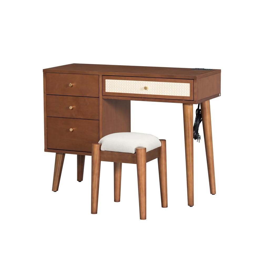 3 Pieces Bedroom Set with Full Size Wooden Bed Frame, 1 Vintage Nightstand and 1 Makeup Vanity Set with Stool,Black (Walnut + Wood + Queen + 3 Piece Set)