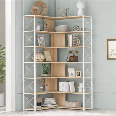 7 Shelves Bookcase Home Office Bookshelf L Shaped Corner Bookcase Shelf with Metal Frame Industrial Style Shelves with Open Storage for Living Room Study Bedroom