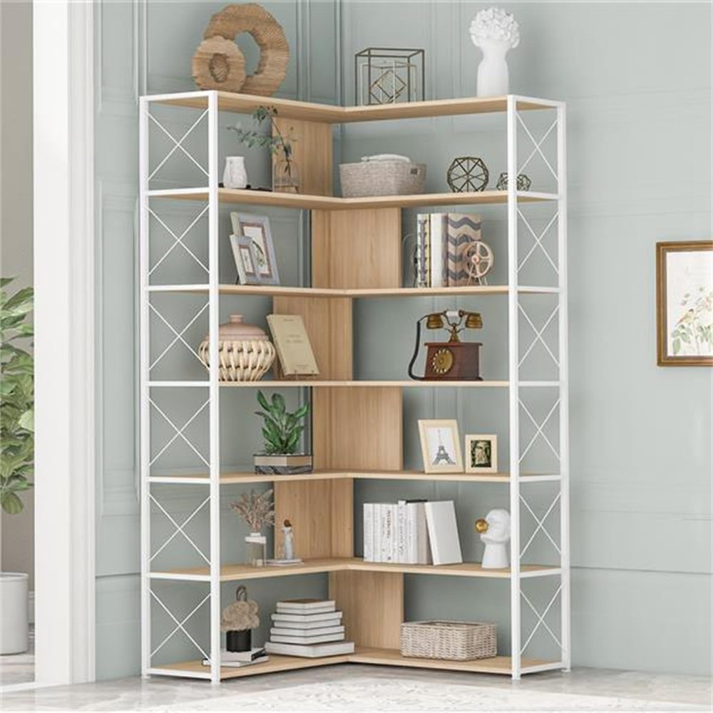 7 Shelves Bookcase Home Office Bookshelf L Shaped Corner Bookcase Shelf with Metal Frame Industrial Style Shelves with Open Storage for Living Room Study Bedroom