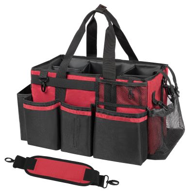 SCAVATA Wearable Cleaning Caddy, Cleaning Caddy Supplies Organizer with Handle & Shoulder Straps for Housekeepers, Under Sink & Car Cleaning Tool Organizers Bag with 4 Foldable Divider (Wine)