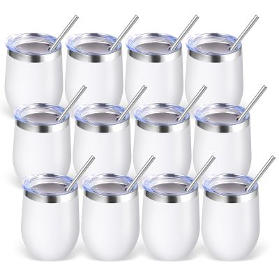 Volhoply 12oz Stainless Steel Wine Tumbler with Lid Bulk 12 Pack,Double Wall Vacuum Stemless Wine Glasses,Reusable Metal Travel Coffe Mug with Straw,Insulated Cups Gifts for ChristmasWhite,12 Set