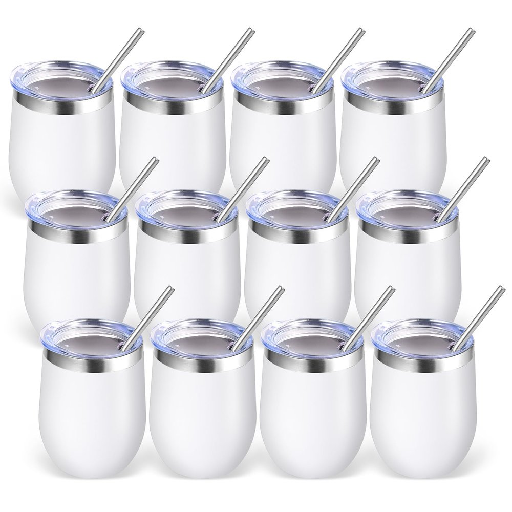Volhoply 12oz Stainless Steel Wine Tumbler with Lid Bulk 12 Pack,Double Wall Vacuum Stemless Wine Glasses,Reusable Metal Travel Coffe Mug with Straw,Insulated Cups Gifts for ChristmasWhite,12 Set