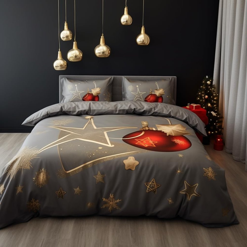 CCoutueChen Grey Christmas Bedding Set King Size,Christmas Ball Print Duvet Cover Set for Adult,Merry Christmas Decor Comforter Cover,3Pices Soft Microfiber Duver Cover with Zippers