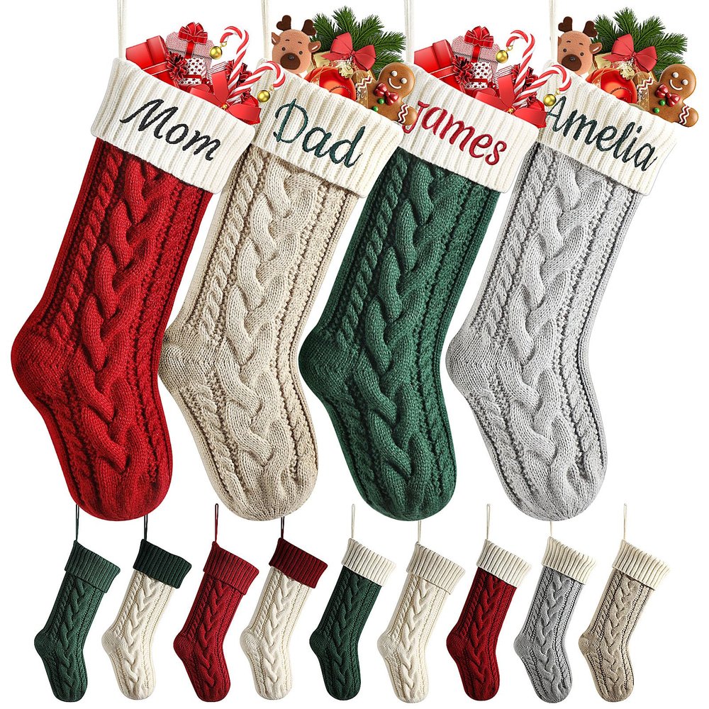 Personalized Christmas Stockings, 18 Large Custom Stockings with Embroidered Name, 1 Pack Knitted Xmas Stocking for Kids,Holiday and Family Stocking for Fireplace Christmas Party Decoration (A)