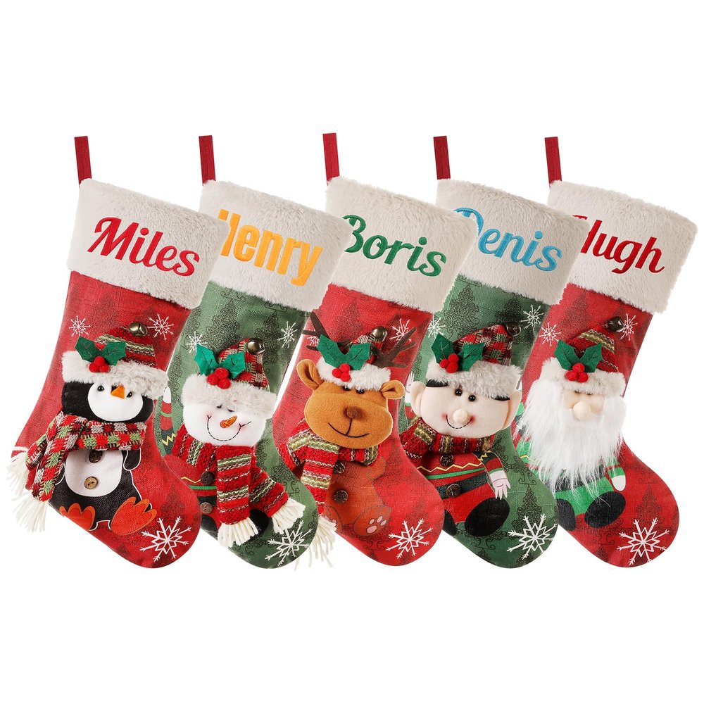 Custom Christmas Stockings, Personalized Christmas Stockings with Names, Featuring Santa, Snowman, Reindeer, Elf, Penguin Designs for Stairs Xmas Home Decor and Fireplace Hanging (4 pcs)