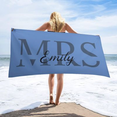 Custom Blue Wedding Beach Towel for Boy Mens Gift Personalized His and Hers Swim Towel Fun Microfiber Bride Sand Towel for Girl Lake Day Must Haves