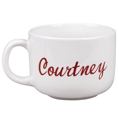Custom Soup Mug, Crafted With 100% Durable Ceramic, Microwave Safe, White Design, Burgundy Font  Can Hold Up To 22 oz