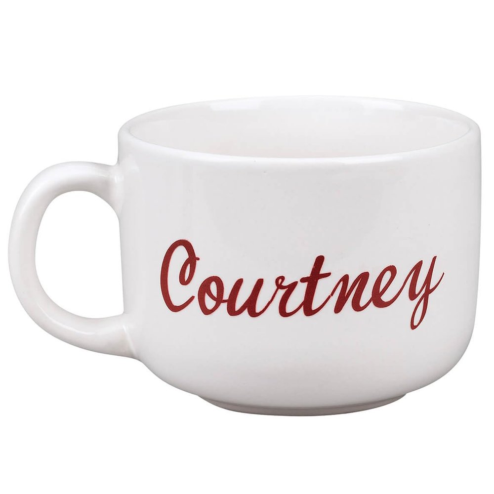Custom Soup Mug, Crafted With 100% Durable Ceramic, Microwave Safe, White Design, Burgundy Font  Can Hold Up To 22 oz