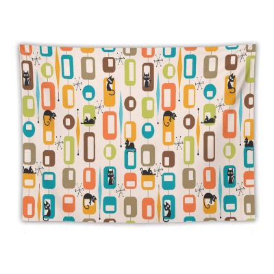 Focusbrite Mid Century Black Cat Tapestry,Atomic Starbursts Cat Modern Abstract Geometric Iconic Pattern 1950s Vintage Funny Wall Hanging Tapestries for Living Room Bedroom Home 80"x60"