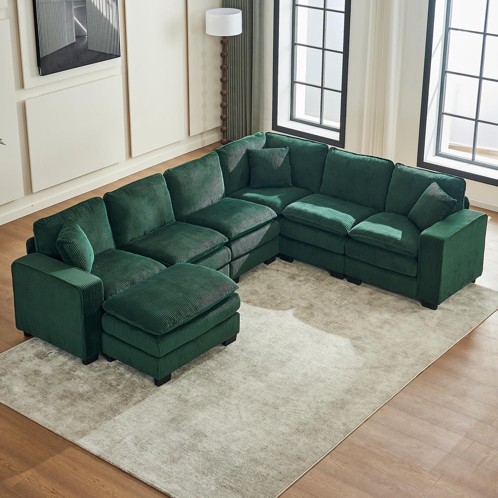 Aoowow Corduroy Modular Sectional Couch,Spacious 6 Seater Cloud Couch,L-Shaped Corner Sofa,DIY Free Combination U-Shaped Sofa with Ottoman for Living Room (Green, 6 Seater with 1 Ottoman)