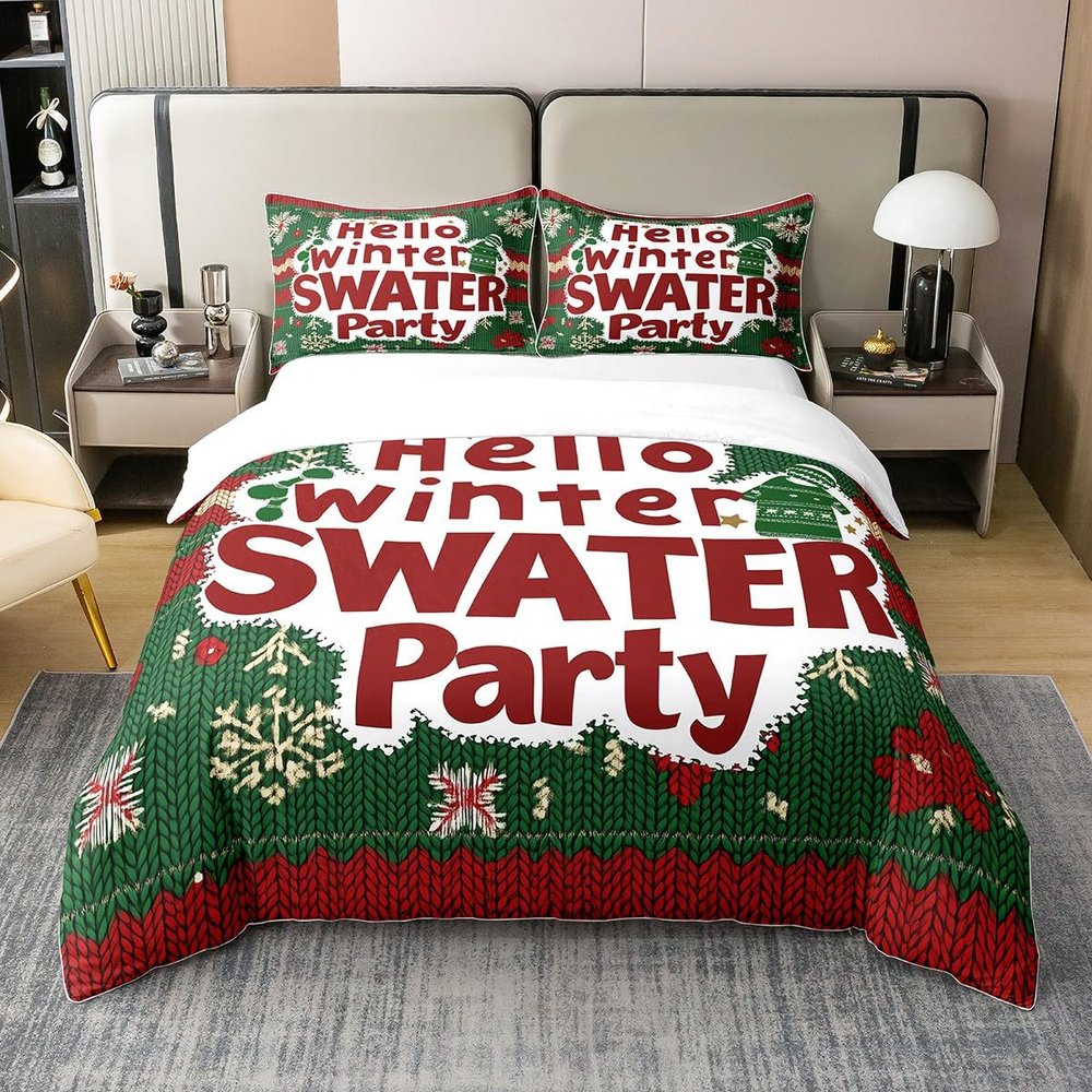 100% Cotton Duvet Cover, Merry Christmas Geometric Snowflakes Sweater, Warm Xmas Farmhouse Style Comforter Cover 2 Pcs with 1 Pillowcase Twin