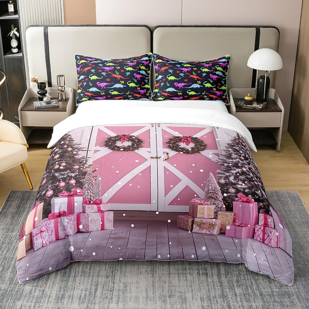 3 Pieces Pink Farmhouse Barn Door Duvet Cover 100%Nature Cotton Full for Teens Youth,Merry Christmas Trees Gifts Comforter Cover,Wooden Stripes Country Decor Super Soft Bedding (Not Comforter)