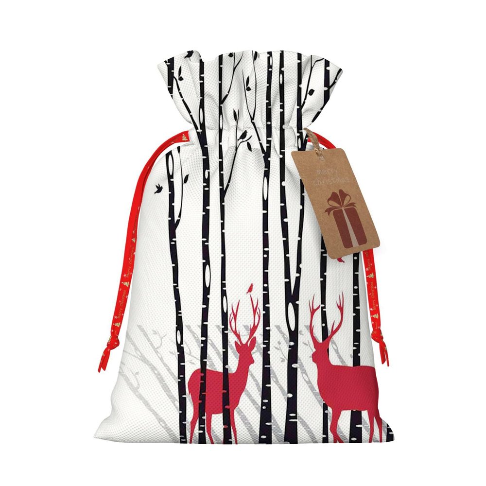 UIANG Antlers Reusable Burlap Gift Bags with Drawstring,Deer Tree with Red Holiday Theme,Treat Bags Party Favor Bags Candy Goodies Food Storage Bags Gift Wrapping Package,White Red - M