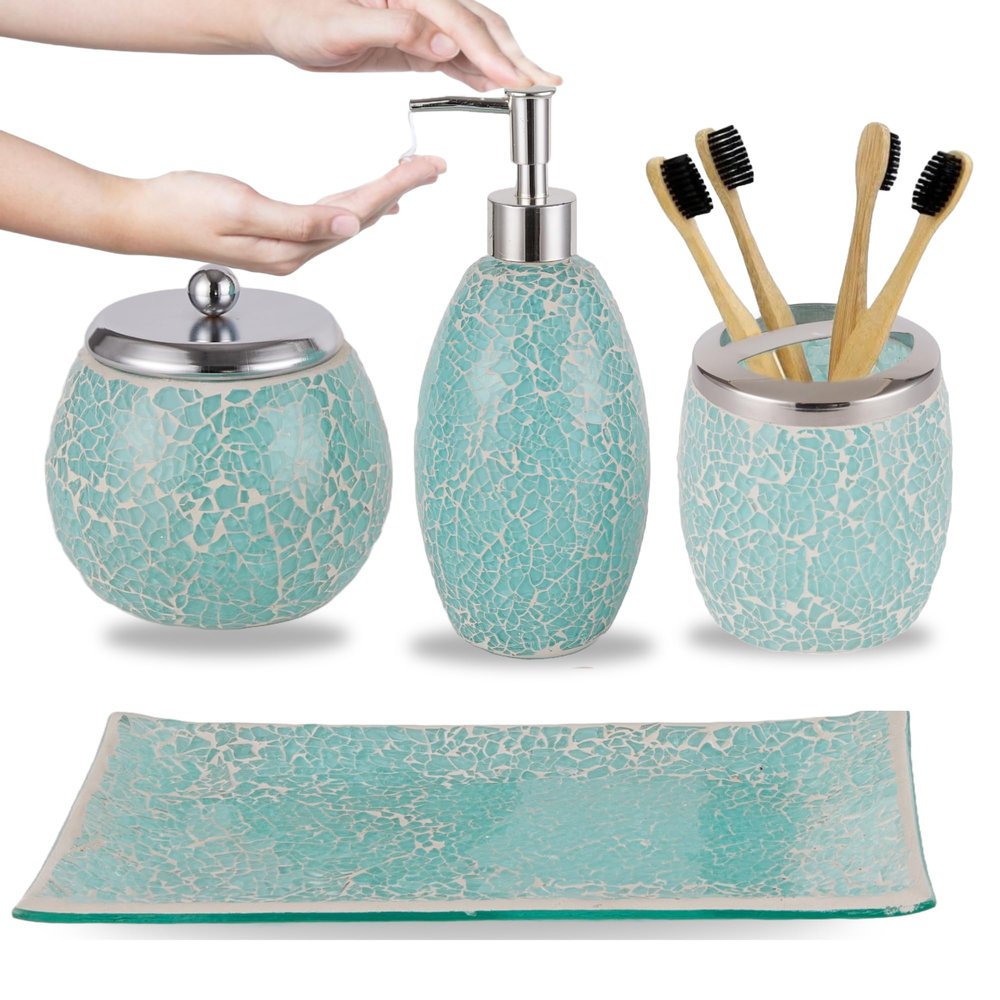 Escenzy Turquoise Bathroom Accessories Set 4 Pcs | Handcrafted Mosaic Glass Soap Dispenser, Toothbrush Holder, Cotton Swab Jar, Vanity Tray | Luxury Coastal Boho Bathroom Decor