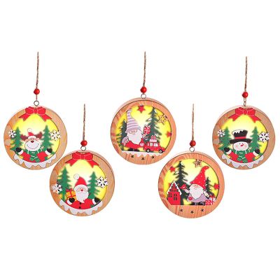 5PCS LED Light up Christmas Wooden Ornaments Set Santa s Snowman Luminous Christmas Tree Hanging Ornaments Wood Christmas Tree Decorations Xmas Holiday Home Party (Round)