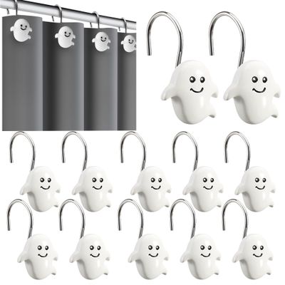 Gcroet Halloween Shower Curtain Hooks 12Pcs S Shape Ghost Cute Shower Curtain Hooks Hold 5KG Rust-Resistant Puch-Free Shower Rings Clothes Hangers for Bathroom Kitchen..
