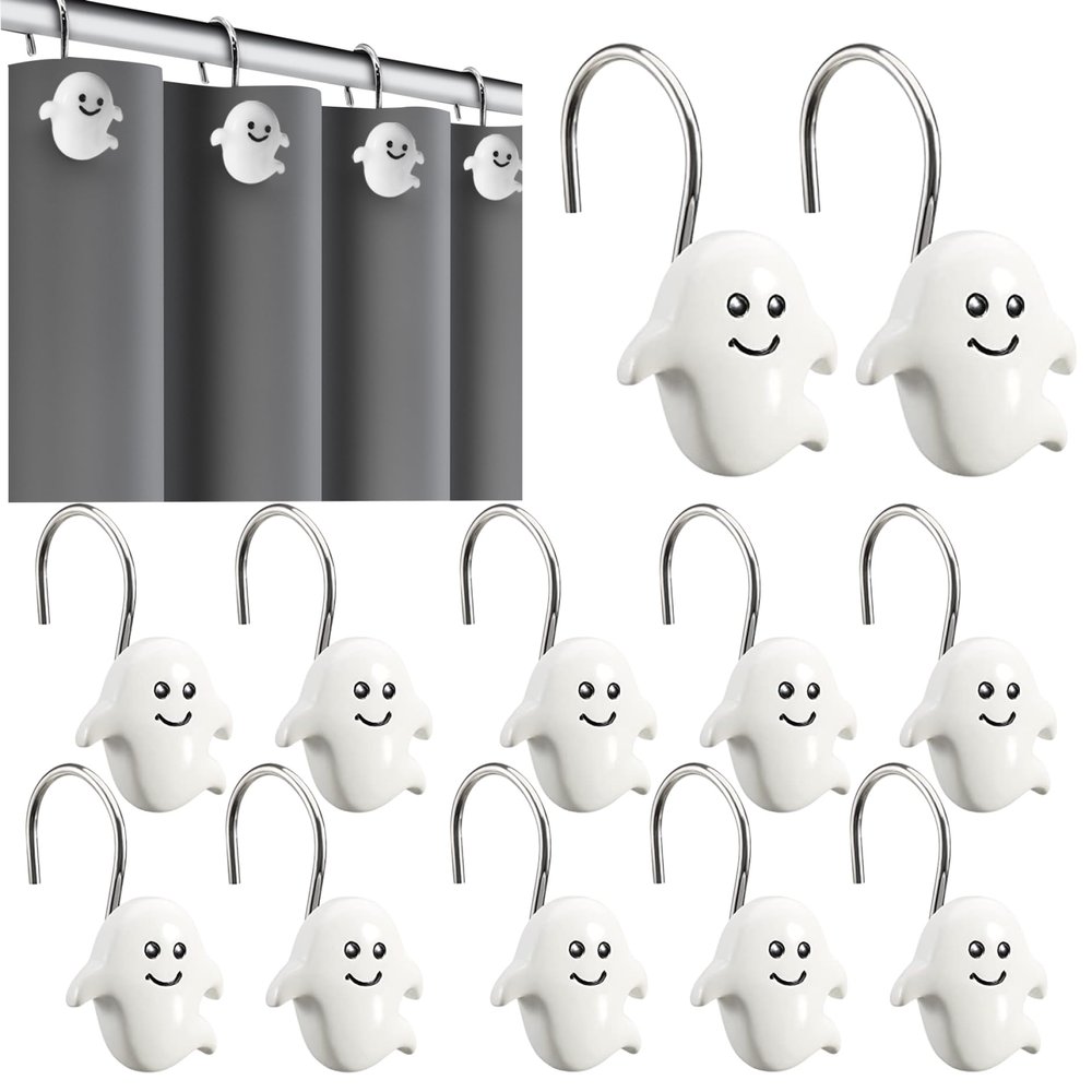 Gcroet Halloween Shower Curtain Hooks 12Pcs S Shape Ghost Cute Shower Curtain Hooks Hold 5KG Rust-Resistant Puch-Free Shower Rings Clothes Hangers for Bathroom Kitchen..