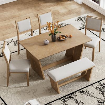 SIYSNKSI Retro 6-Piece Dining Table Set, Wood Rectangular Table with Stable Trapezoidal Table Base and 4 Upholstered Chairs & 1 Bench for Kitchen Living Room (Natural Wood Wash-33M)