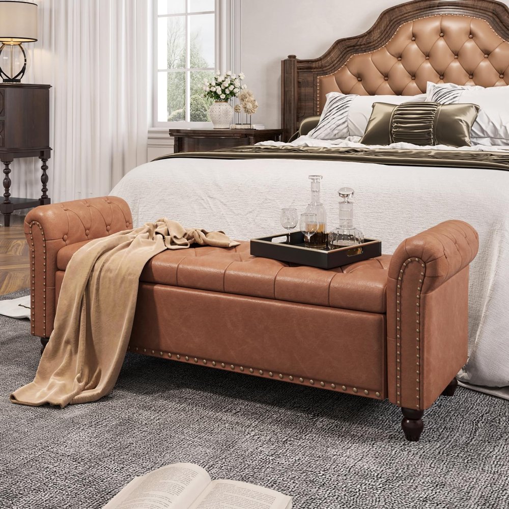 FiveWillowise 55 Inch Bedroom Storage Bench, Faux Leather End of Bed Bench with Storage, Upholstered Ottoman Foot Rest with Rolled Arms for Bedroom, Living Room, Apartment, Brown